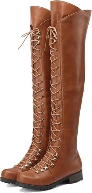 Women's Knee High Boots Victorian Lace Up Low Heel Boots Medieval Retro Combat Boots Fashion Chunky Heel Side Zipper Boots