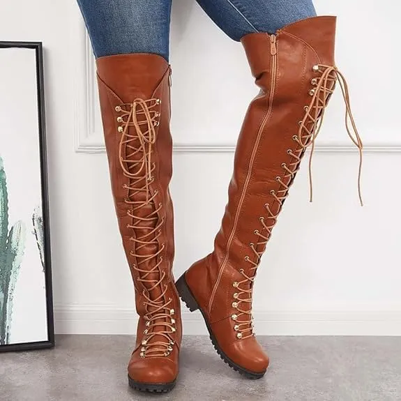 Women's Knee High Boots Victorian Lace Up Low Heel Boots Medieval Retro Combat Boots Fashion Chunky Heel Side Zipper Boots