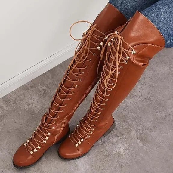 Women's Knee High Boots Victorian Lace Up Low Heel Boots Medieval Retro Combat Boots Fashion Chunky Heel Side Zipper Boots