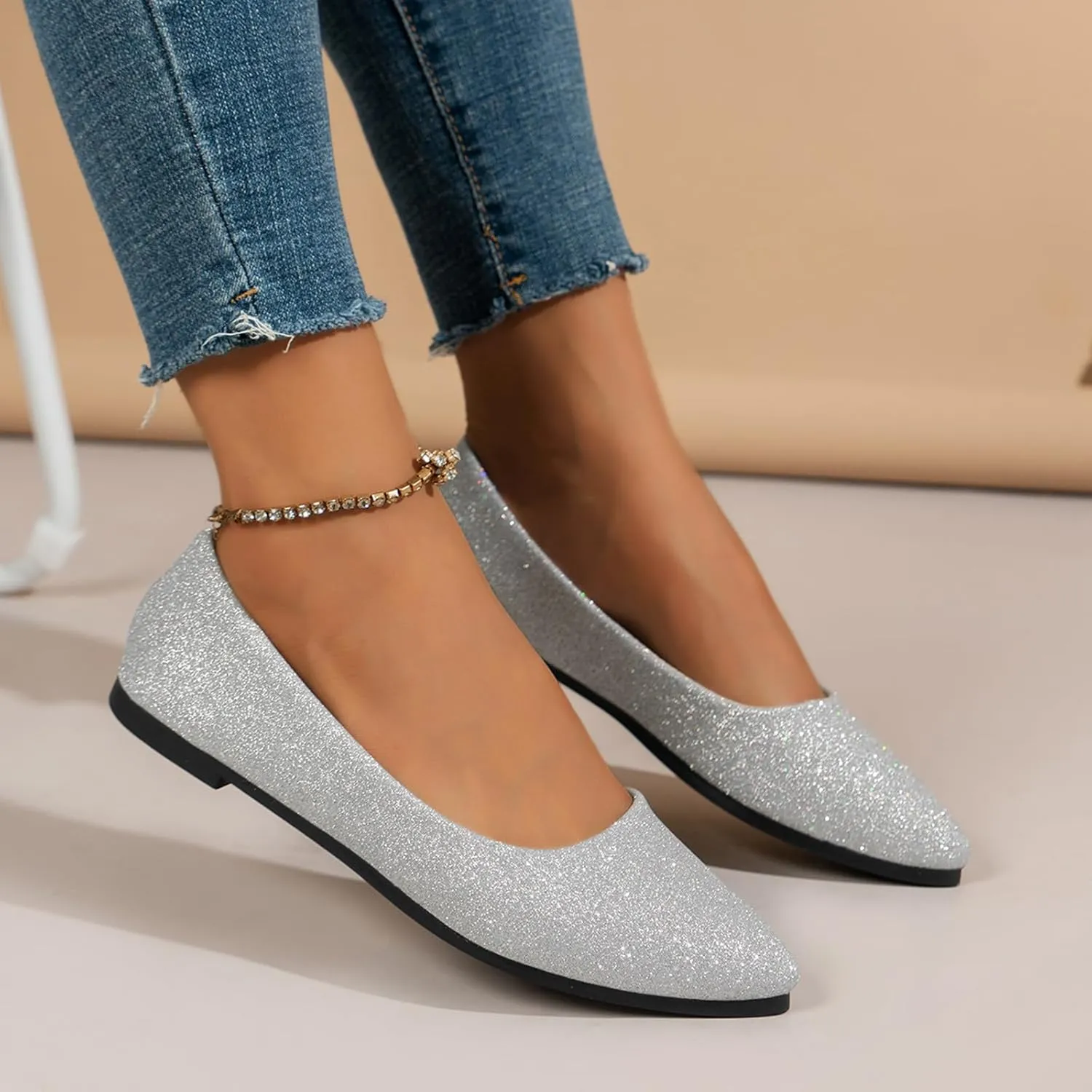 Women's Pointed Toe  Sparkly Low Top Single Shoes Slip-On Ballet  Elegant Banquet Shoes for Business Casual