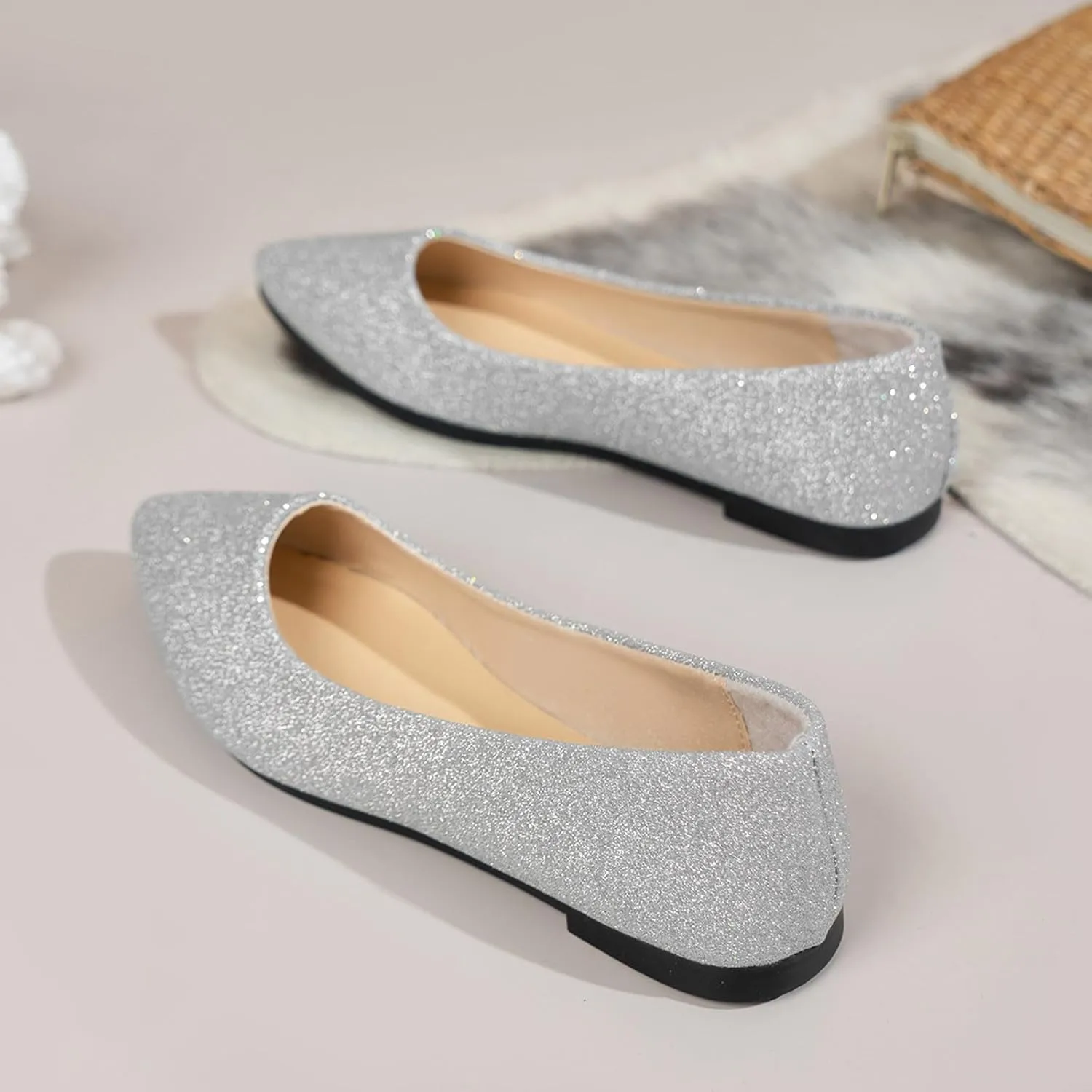Women's Pointed Toe  Sparkly Low Top Single Shoes Slip-On Ballet  Elegant Banquet Shoes for Business Casual