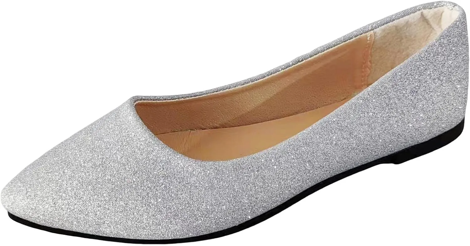 Women's Pointed Toe  Sparkly Low Top Single Shoes Slip-On Ballet  Elegant Banquet Shoes for Business Casual
