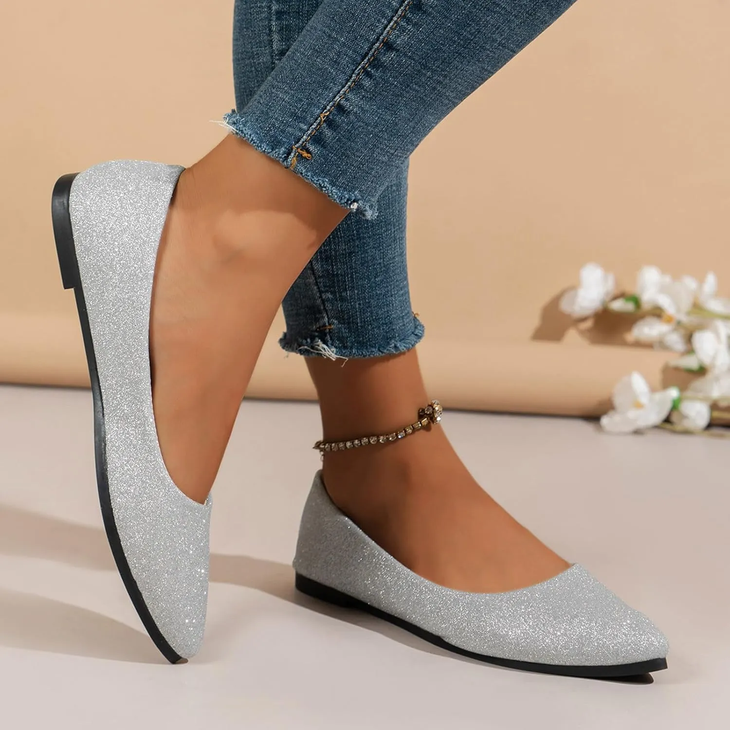 Women's Pointed Toe  Sparkly Low Top Single Shoes Slip-On Ballet  Elegant Banquet Shoes for Business Casual