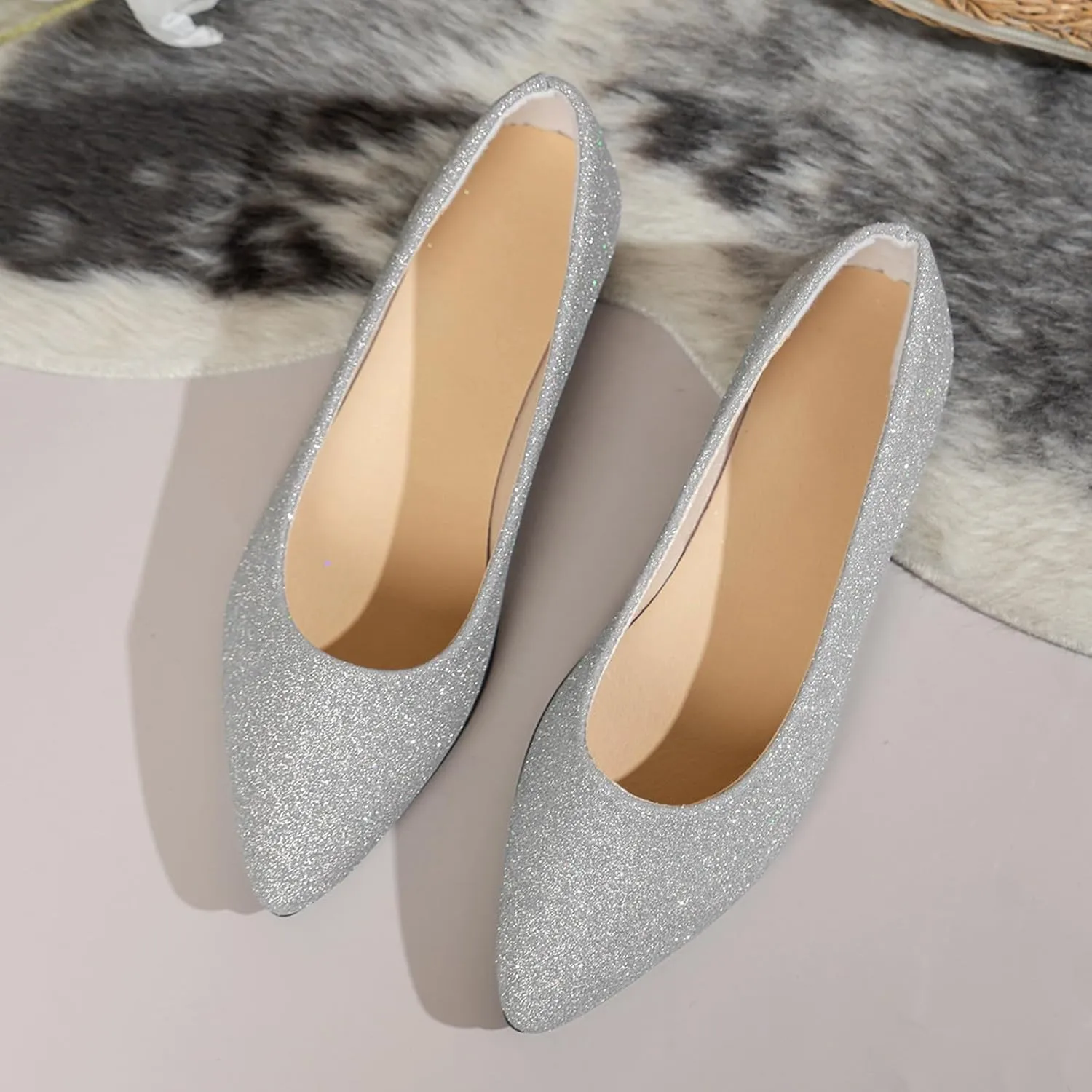 Women's Pointed Toe  Sparkly Low Top Single Shoes Slip-On Ballet  Elegant Banquet Shoes for Business Casual