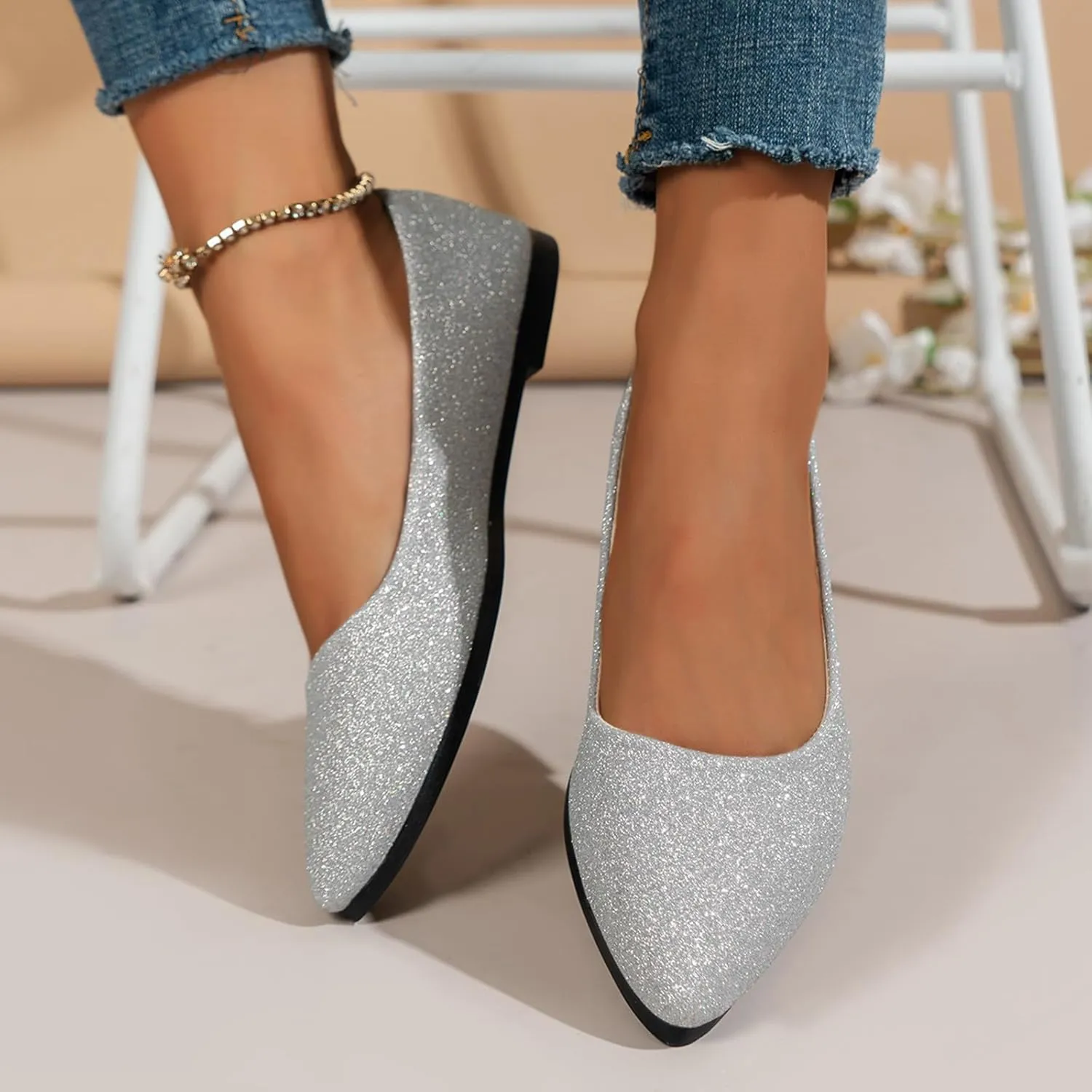 Women's Pointed Toe  Sparkly Low Top Single Shoes Slip-On Ballet  Elegant Banquet Shoes for Business Casual