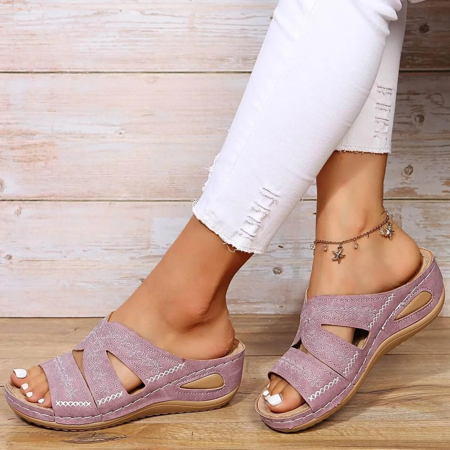 ZSpzx Sandals For Women 2025,Orthopedic Wedge Platform Sandals Comfortable Dressy Summer Hollow Out Open Toe Slippers Flat Casual Boho Slip on Beach Sandals Outdoor Walking Shoes for Travel