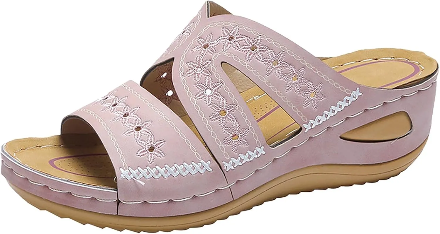 ZSpzx Sandals For Women 2025,Orthopedic Wedge Platform Sandals Comfortable Dressy Summer Hollow Out Open Toe Slippers Flat Casual Boho Slip on Beach Sandals Outdoor Walking Shoes for Travel